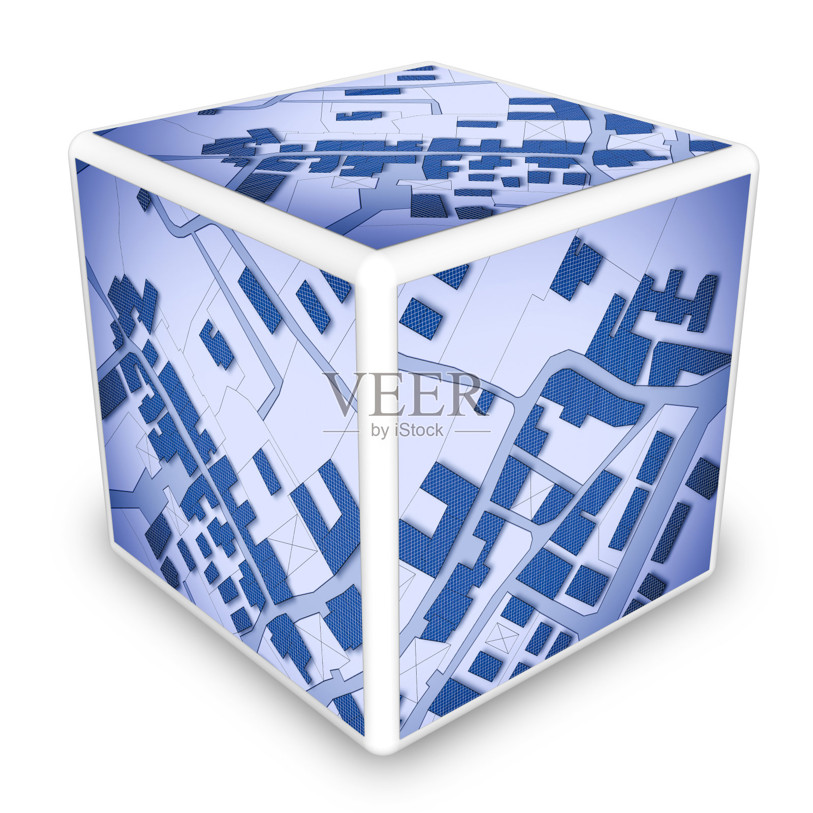 想象地籍地图的领土与建筑物，道路和土地地块-土地注册三维渲染立方体形状概念孤立在白色注:地图背景是完全虚构的，不代表任何真实的地方插画图片素材