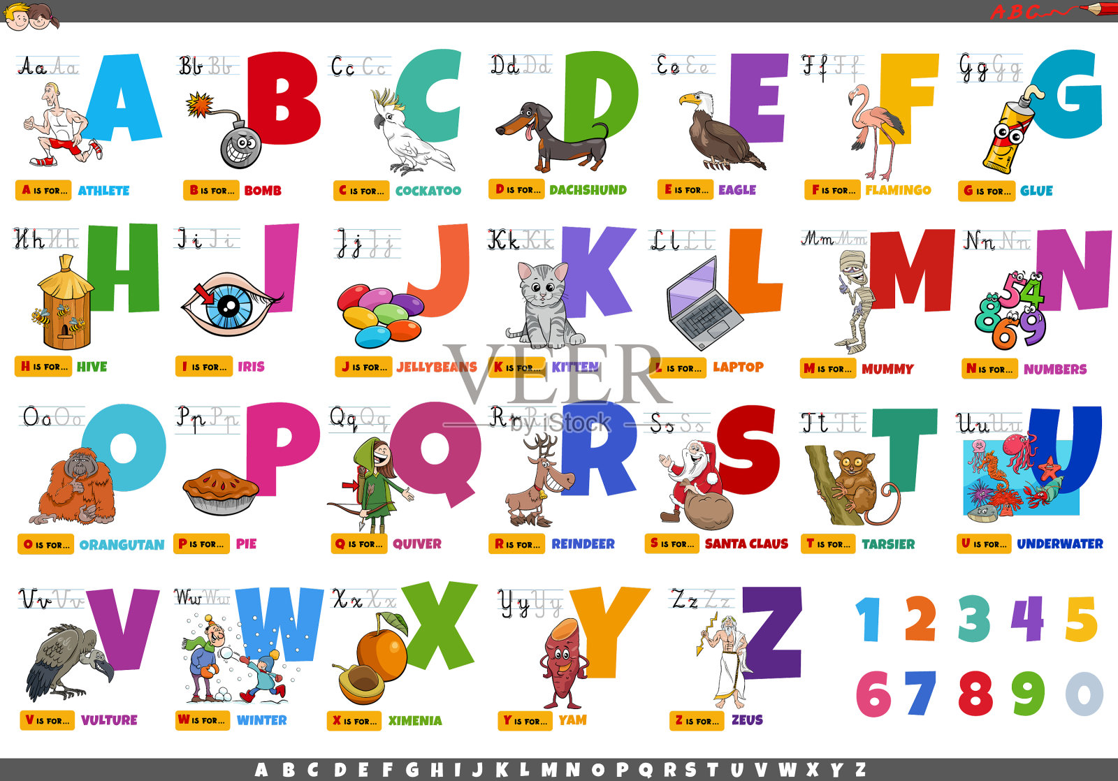 字母与卡通人物和物体插画图片素材