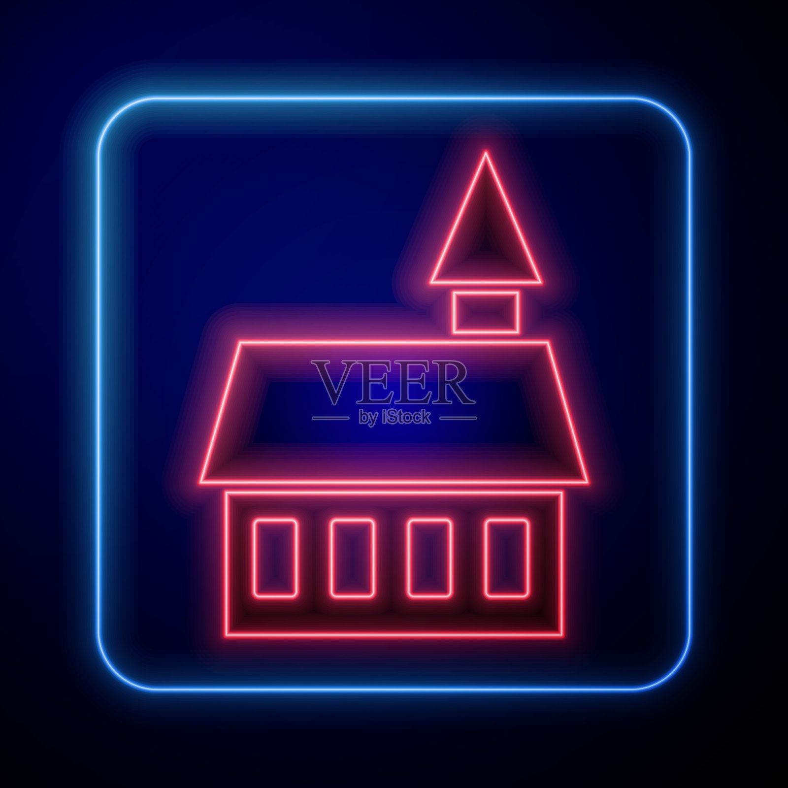 发光的霓虹灯城堡图标孤立在蓝色插画图片素材