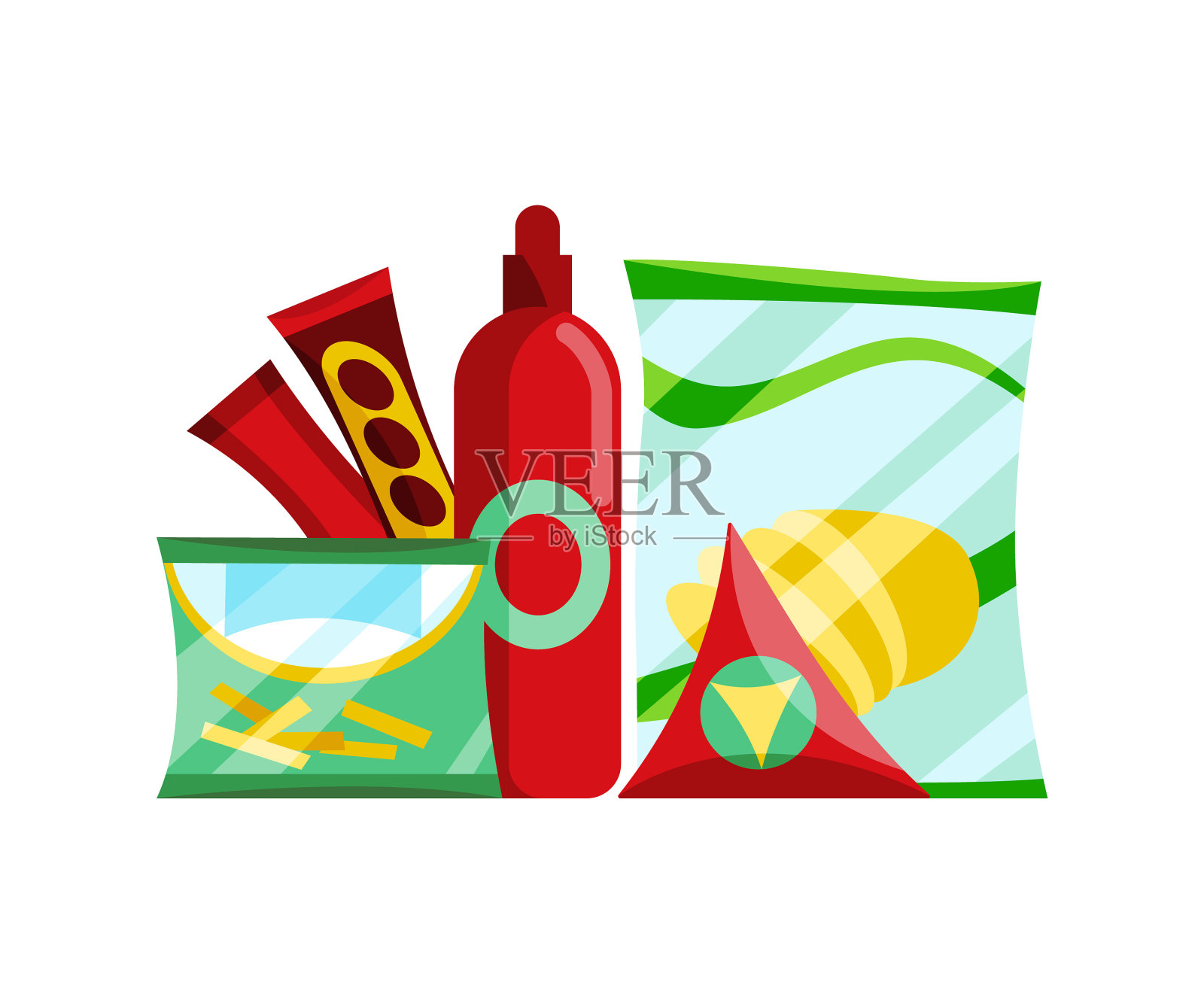 零食产品集快餐、零食、番茄酱和设计元素图片