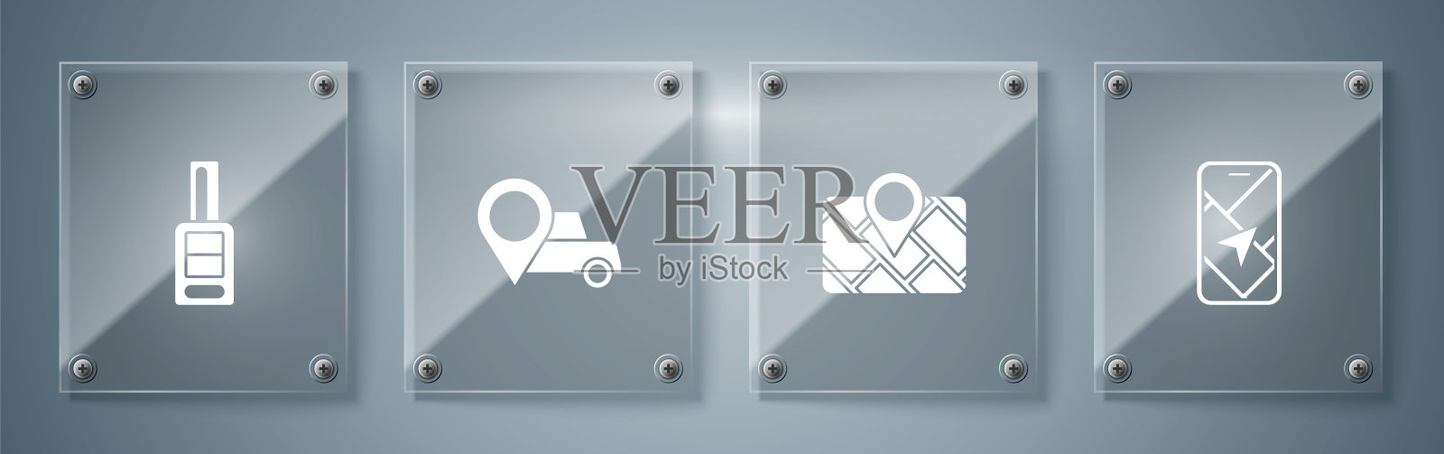 设置城市地图导航，Gps设备，定位出租车和汽车钥匙遥控器。方形玻璃面板。向量插画图片素材