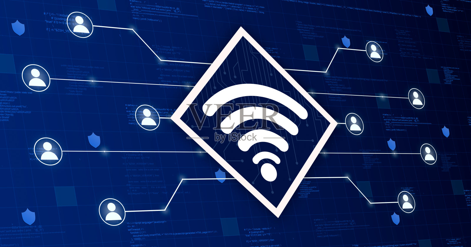 Wifi图标连接系统与其他用户的技术背景与代码元素3d插画图片素材