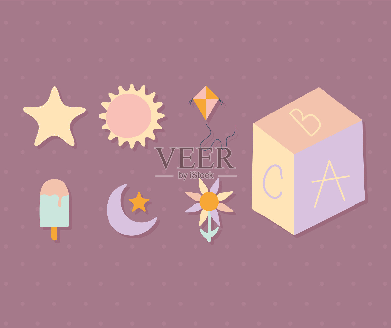 在紫色背景上设置可爱的图标插画图片素材