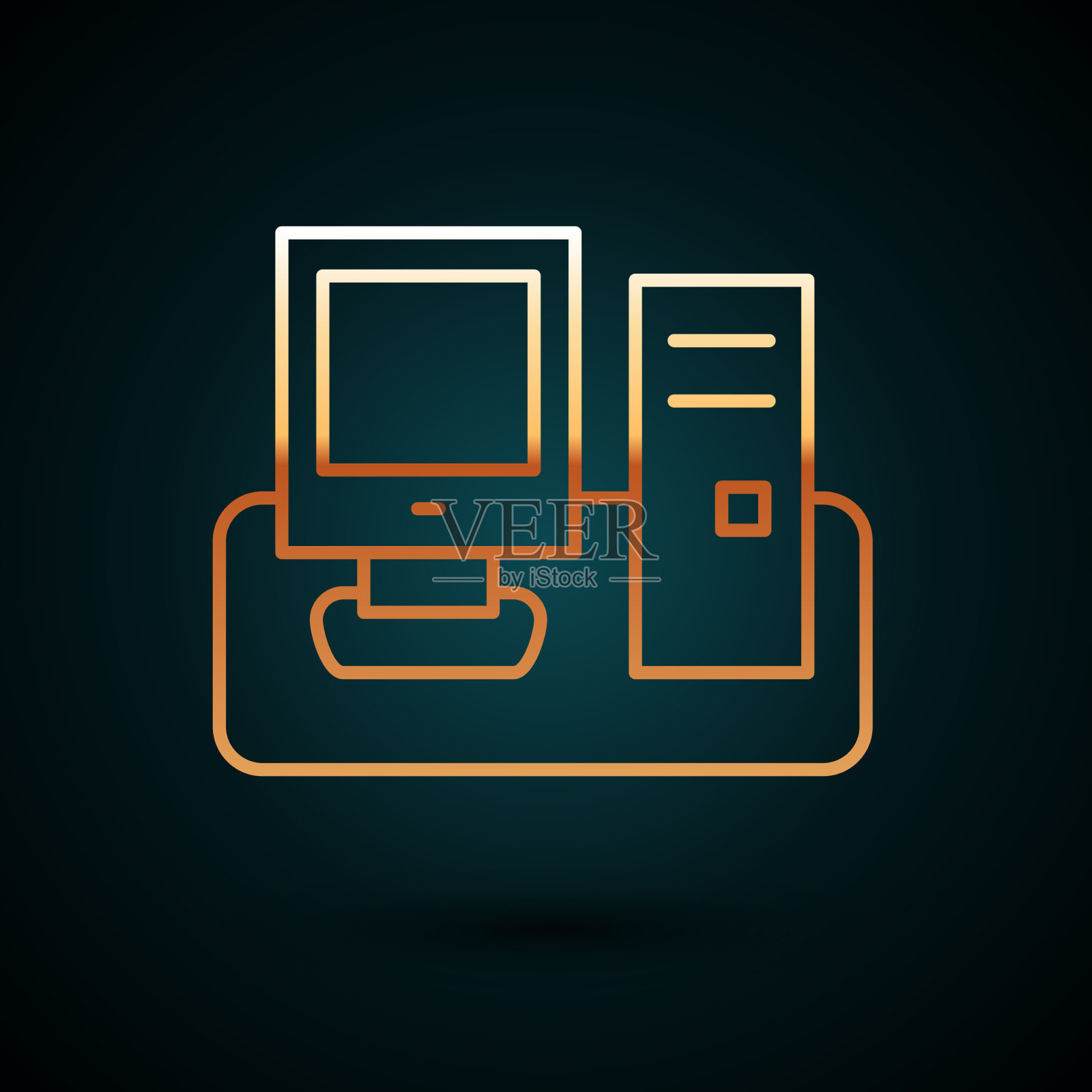 黄金线电脑显示器，键盘和鼠标插画图片素材