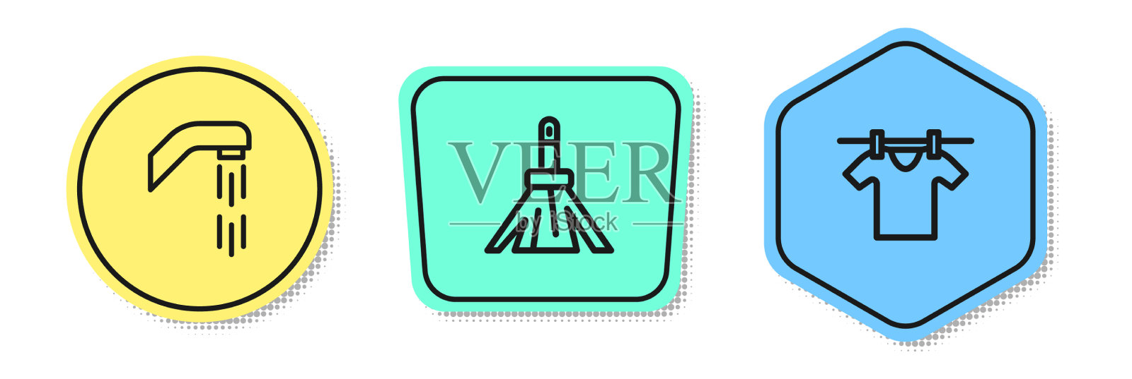 设行淋浴喷头、手柄、扫把和烘干插画图片素材