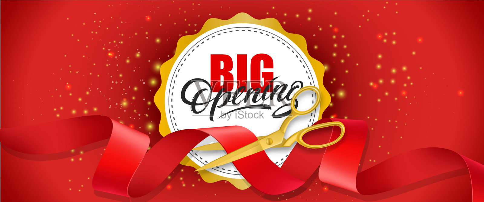 大开口红色旗帜设计与金剪刀插画图片素材