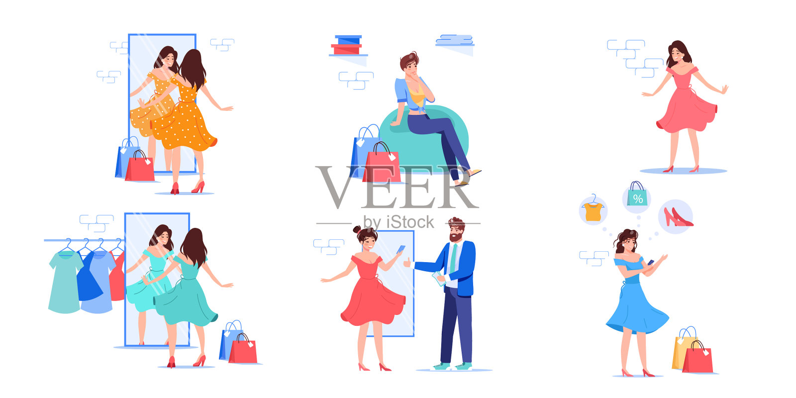 扁平的卡通女孩角色尝试新衣服插画图片素材