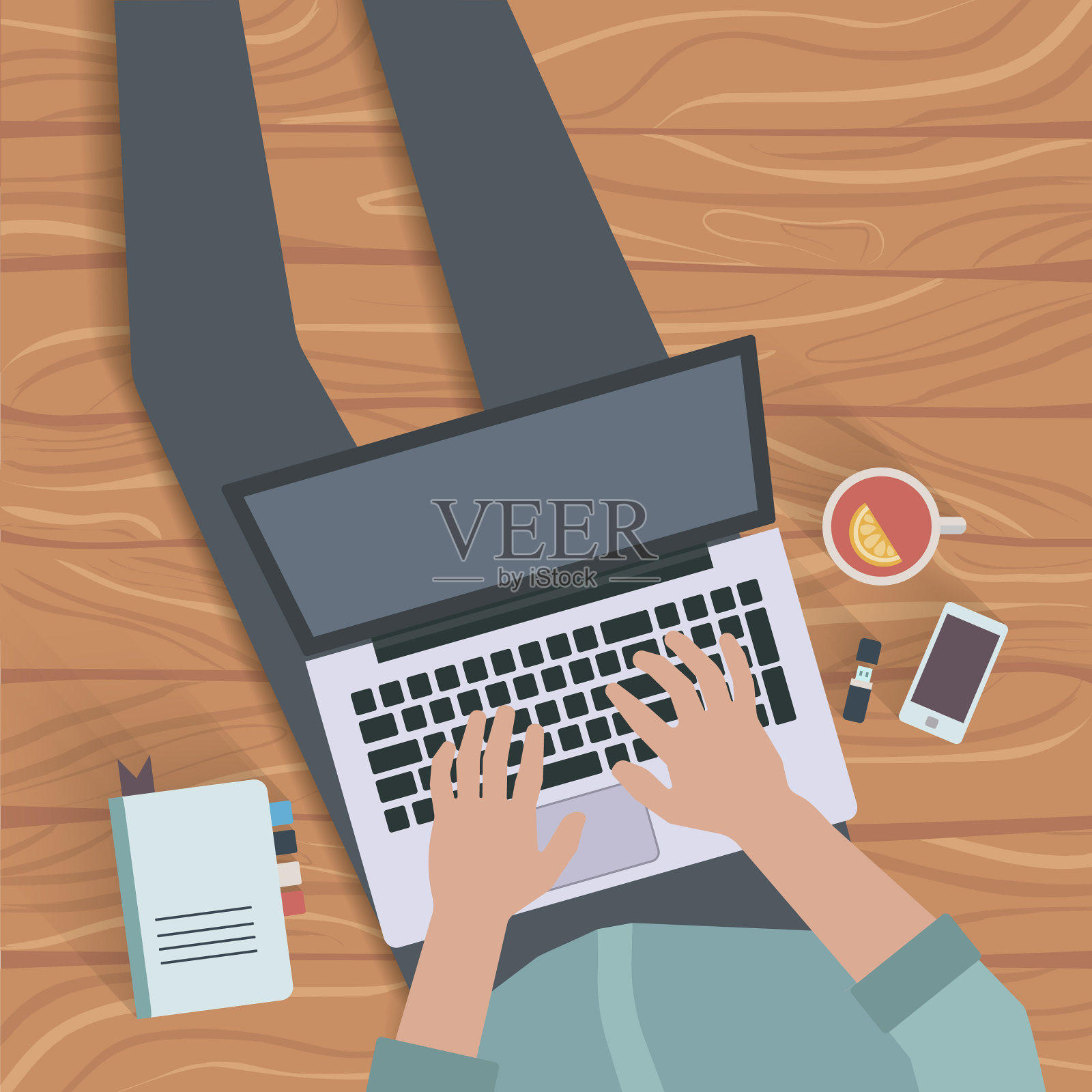 一名男子坐在木地板上，手提电脑插画图片素材