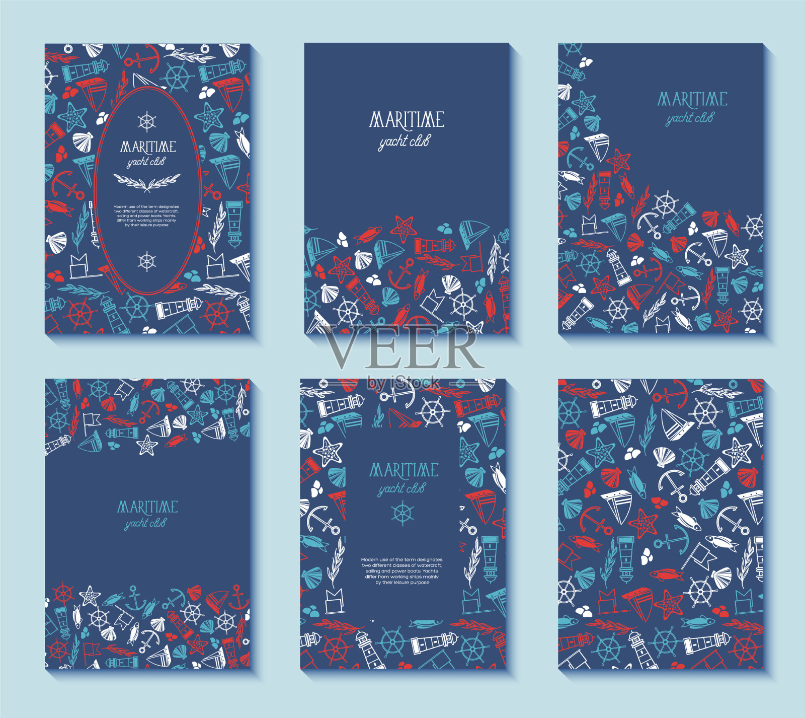 设置六个海上游艇俱乐部海报插画图片素材