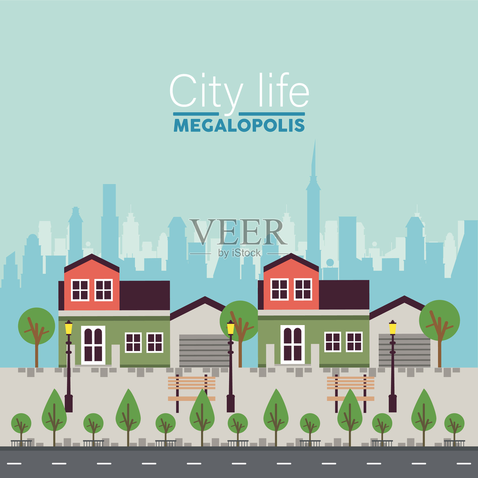 城市生活，大都市在城市景观中刻划插画图片素材