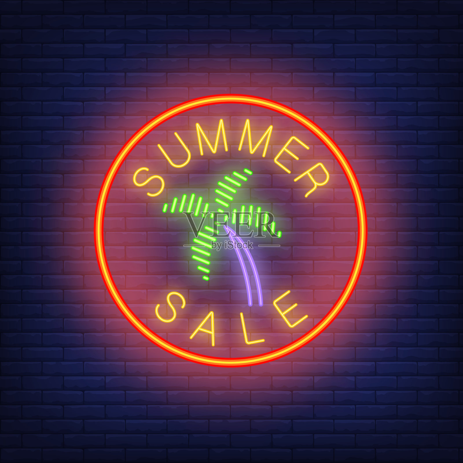 夏季销售霓虹文字与棕榈树围成圆圈设计元素图片