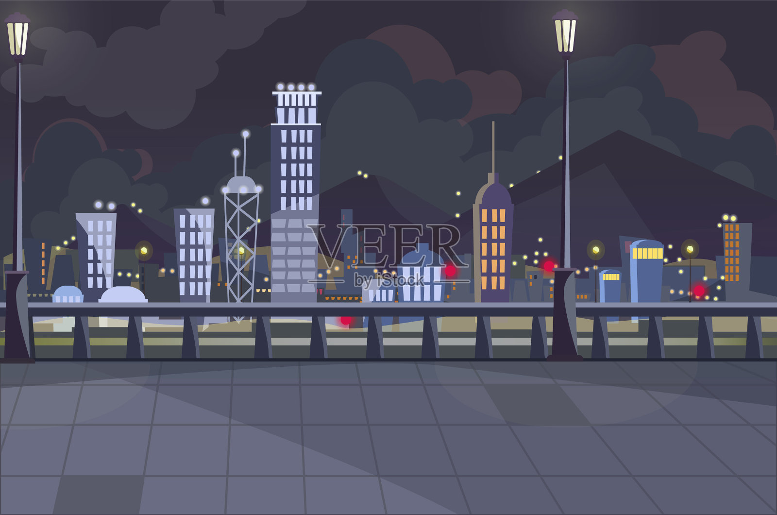 黑暗的城市景观与打开的灯插画图片素材