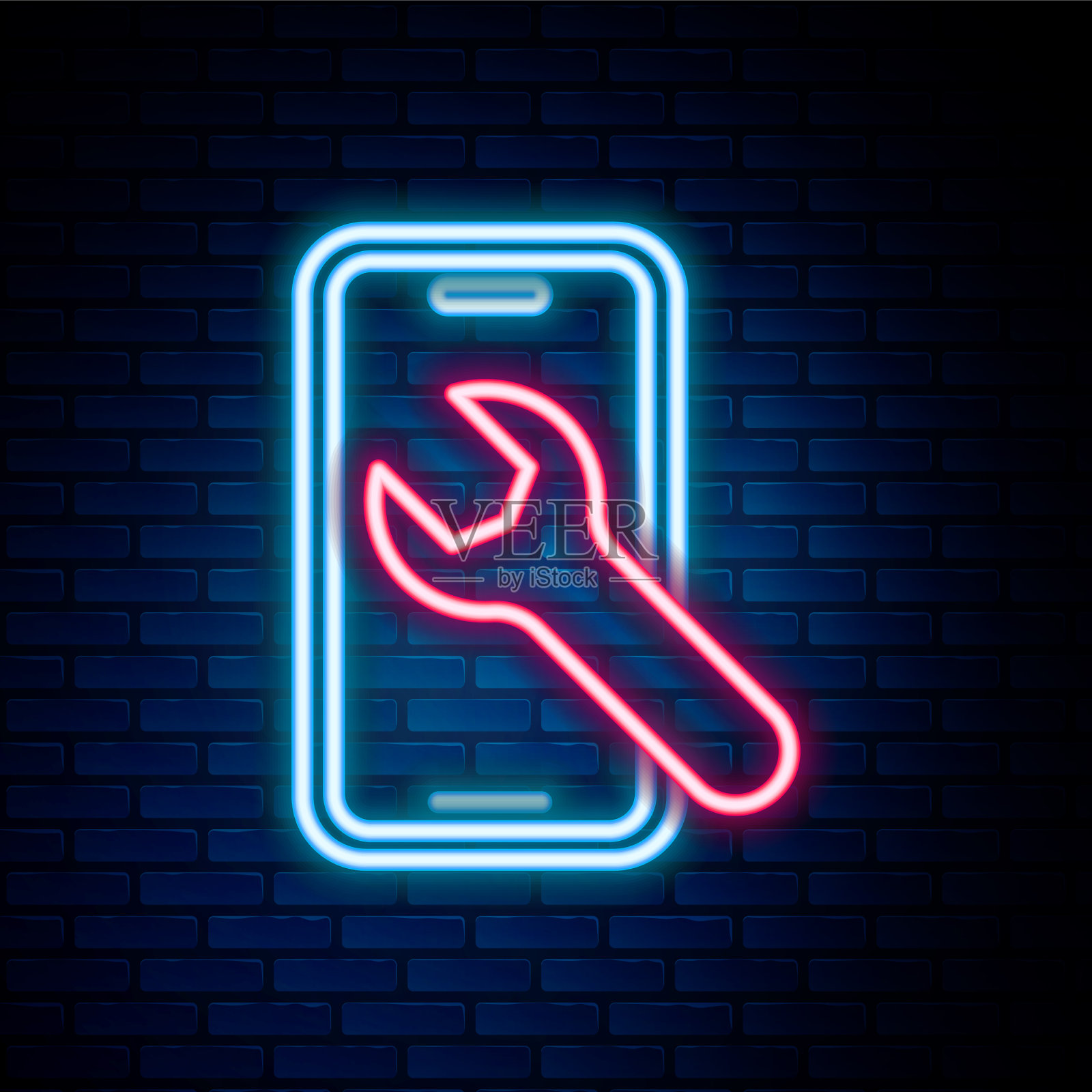 发光的霓虹灯线手机与扳手图标插画图片素材