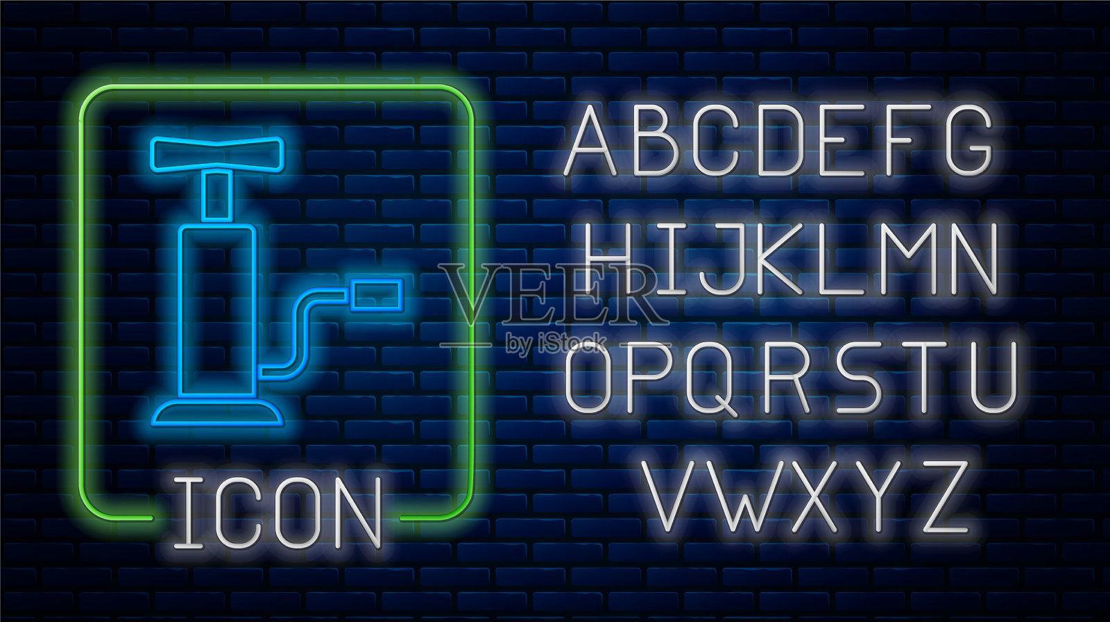 发光的霓虹灯汽车气泵图标孤立在砖上插画图片素材