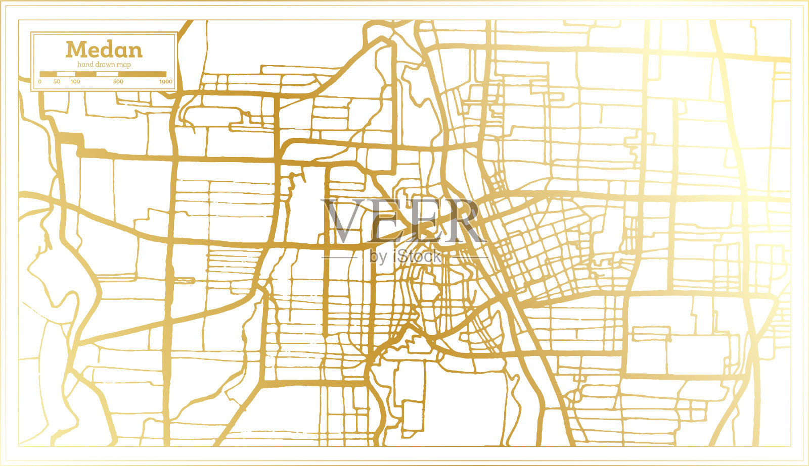 印尼棉兰城市地图以金色复古风格呈现插画图片素材