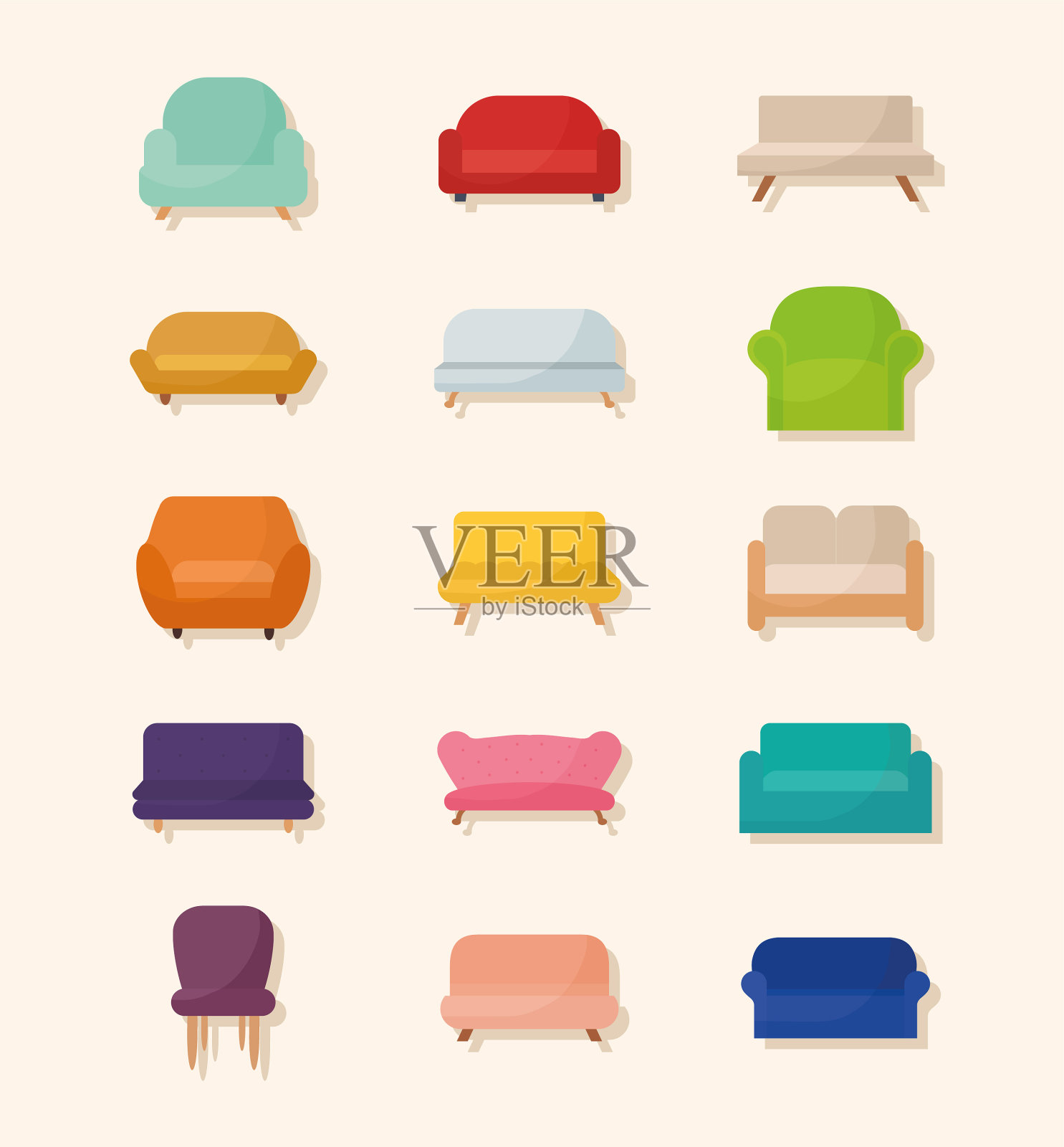 将沙发图标捆绑在米色背景上插画图片素材