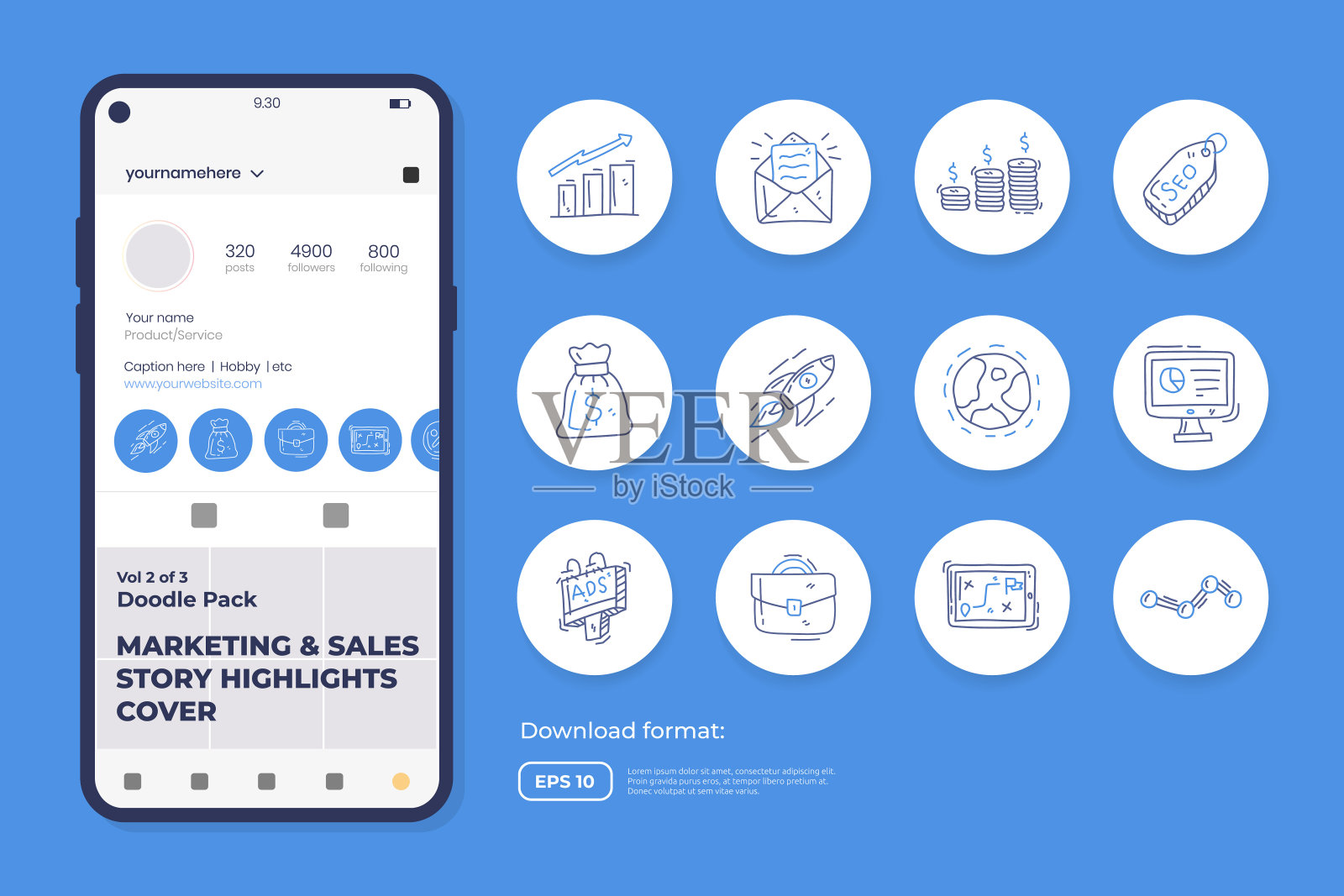 商业和营销涂鸦图标插图设置为社交媒体突出商店封面与瘦轮廓风格矢量插图插画图片素材