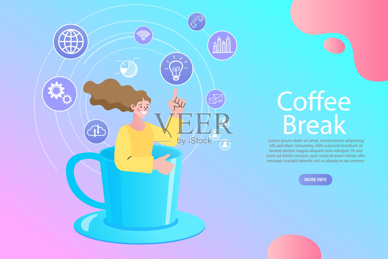 休息时间的概念。商人上班族人物坐在咖啡杯里。带走的业务。矢量插图。插画图片素材