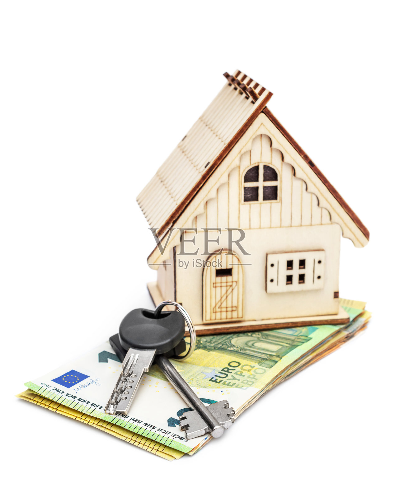 带钥匙和欧元钞票的房子模型。孤立在白色的。经营理念。照片摄影图片
