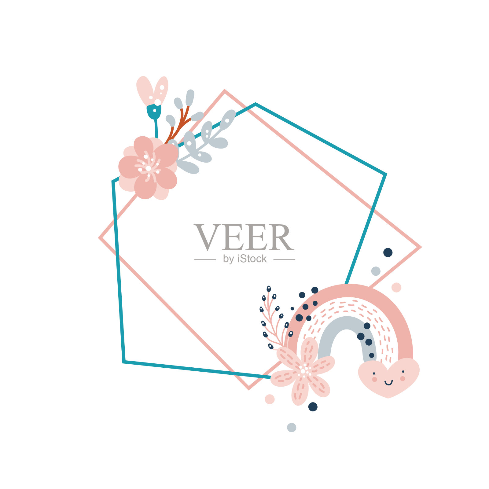 向量花卉几何多边形框架与花束和花彩虹插图。孩子斯堪的那维亚手绘风格的周年纪念，生日，邀请与文字的地方。柔和的颜色插画图片素材