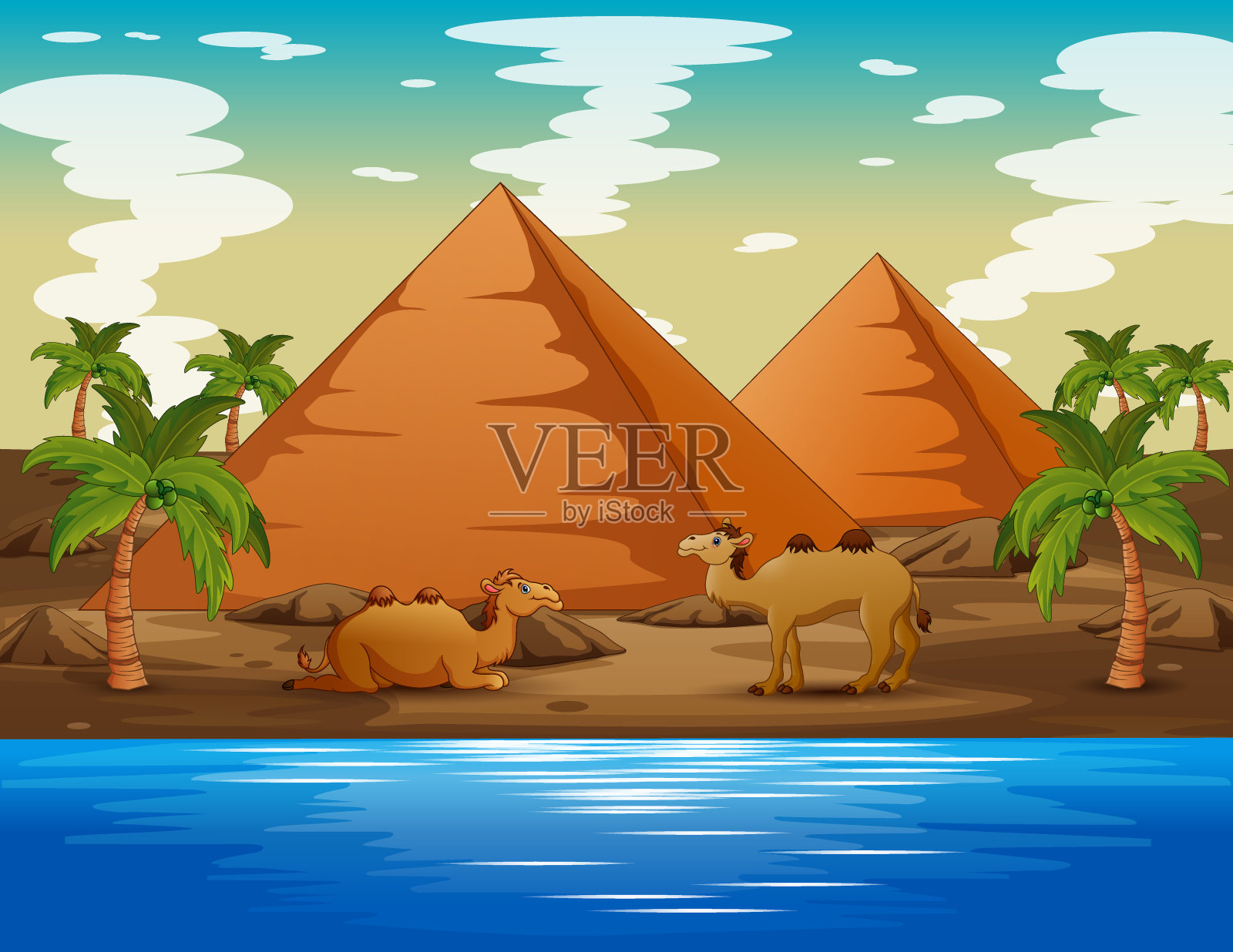 生活在沙漠中的骆驼的卡通插画图片素材