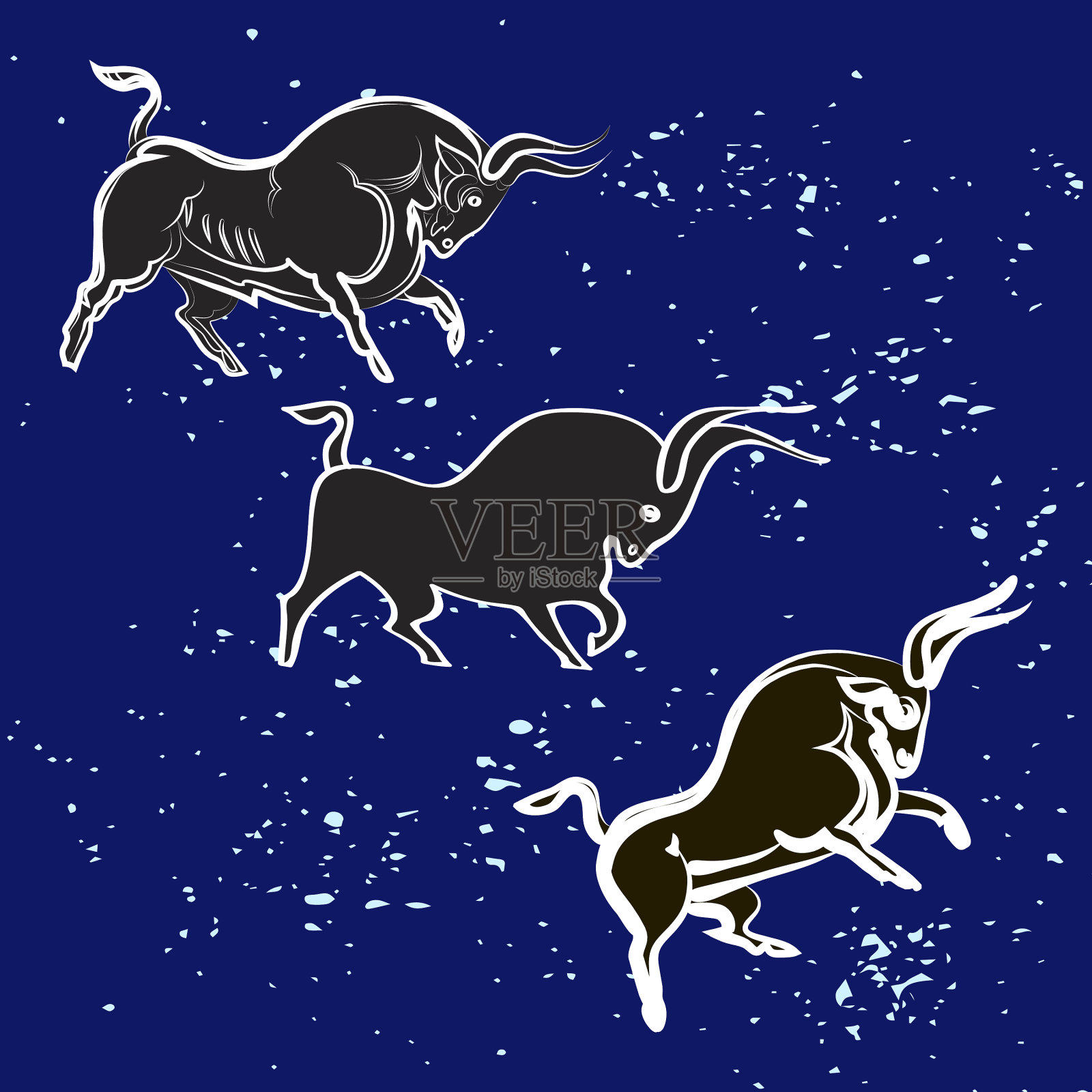 三只公牛在黑暗的天空背景上剪影插画图片素材