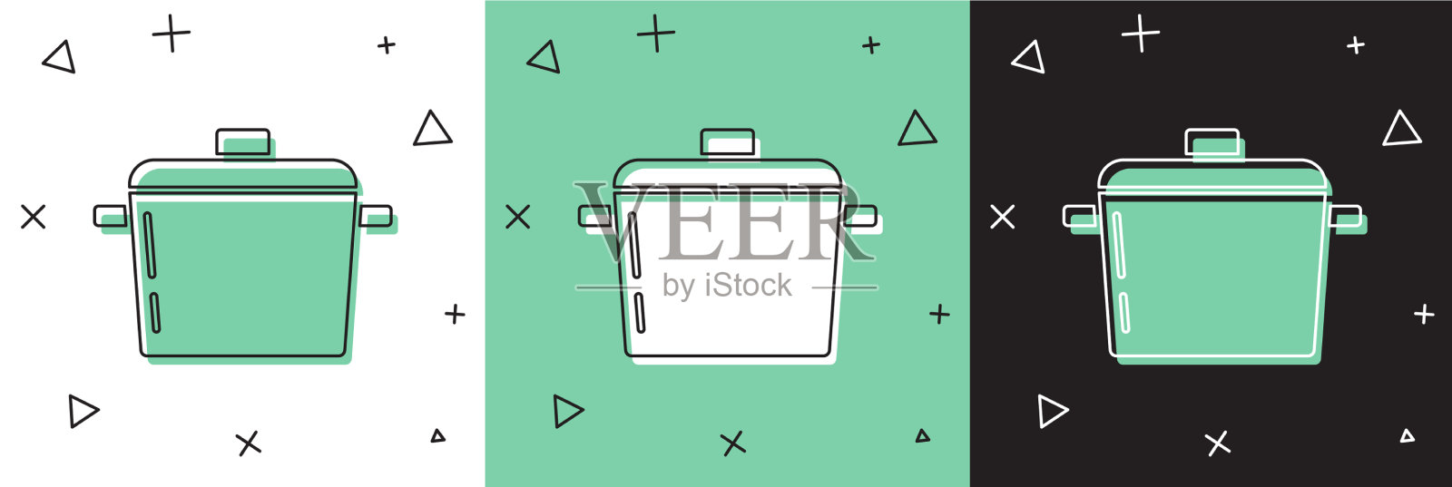 设置烹饪锅图标隔离在白色和绿色插画图片素材