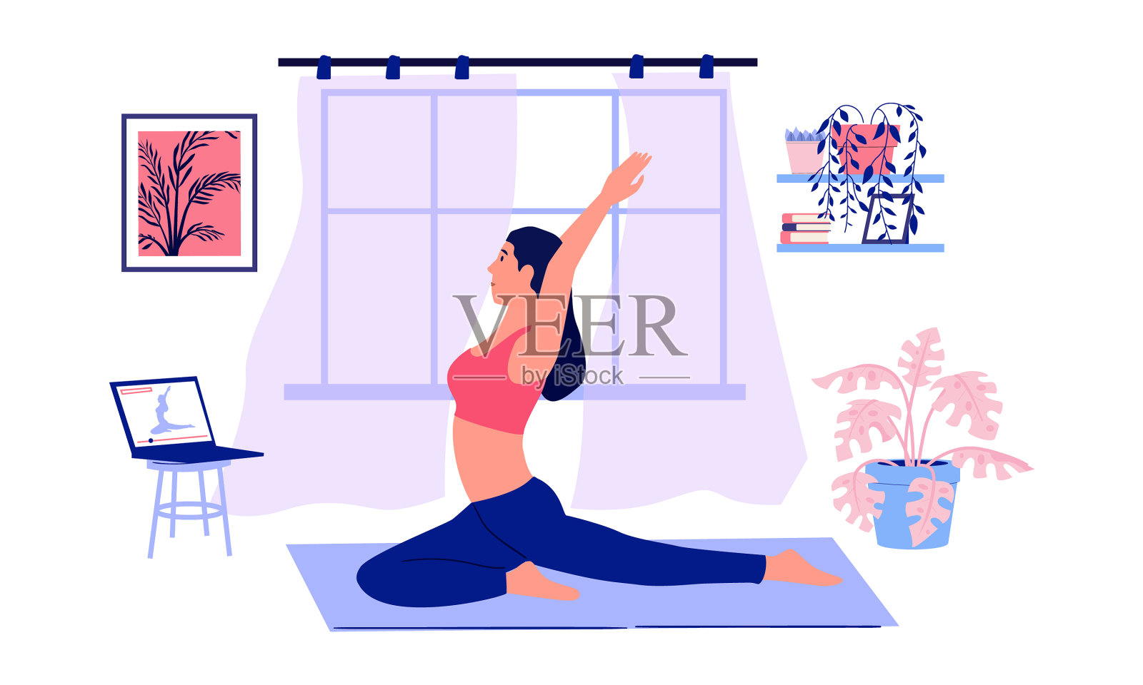 瑜伽在线卡通女孩做运动练习设计元素图片