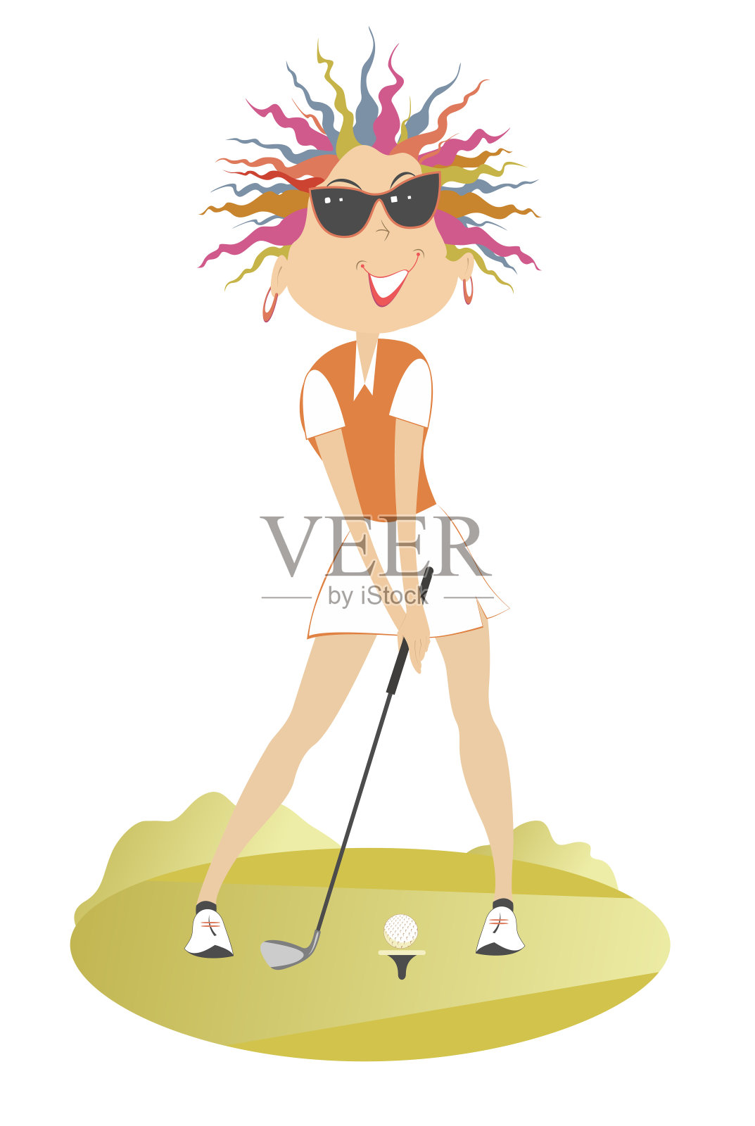 年轻女子高尔夫球场插图上的一个高尔夫球手设计元素图片
