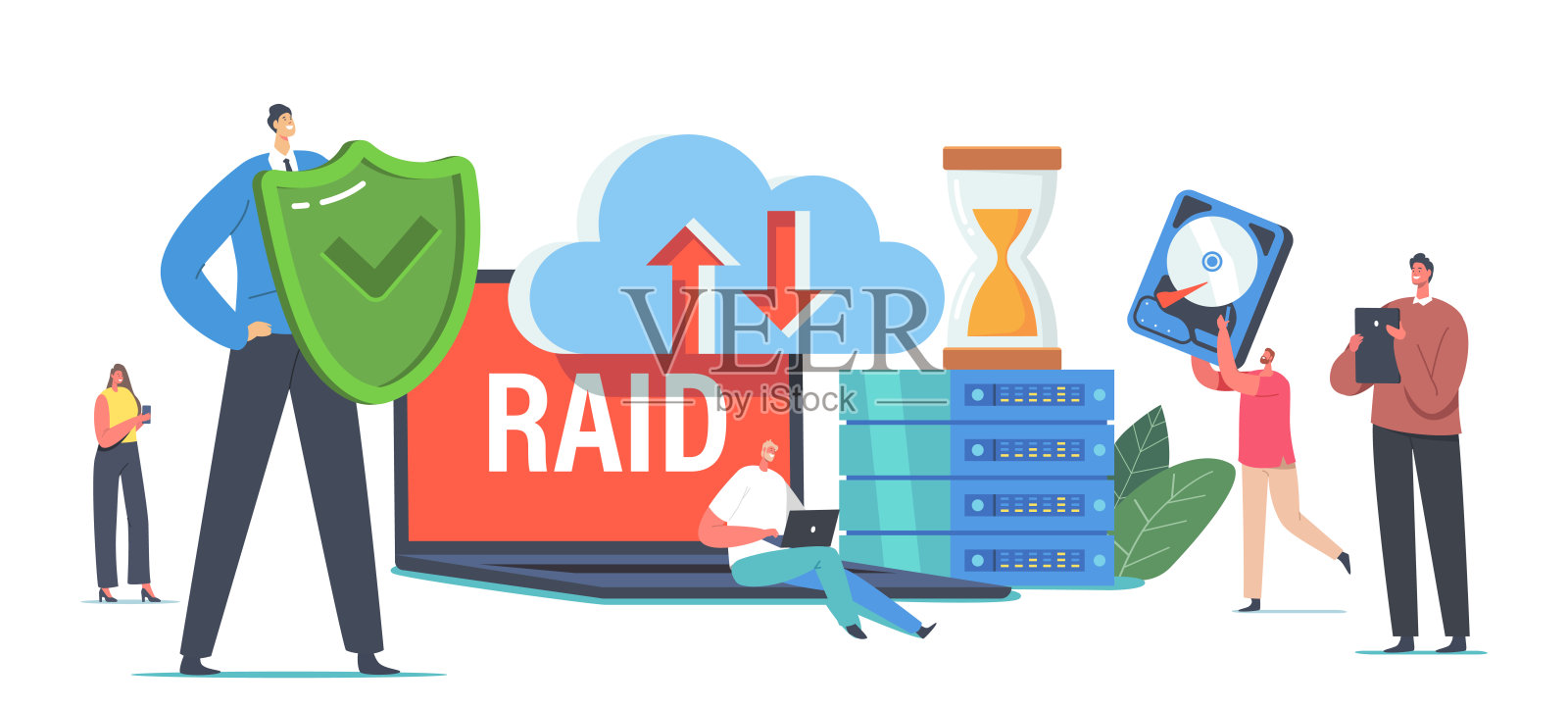 数据中心人物的数据存储与块和调制解调器。现代技术和创新主机服务器插画图片素材