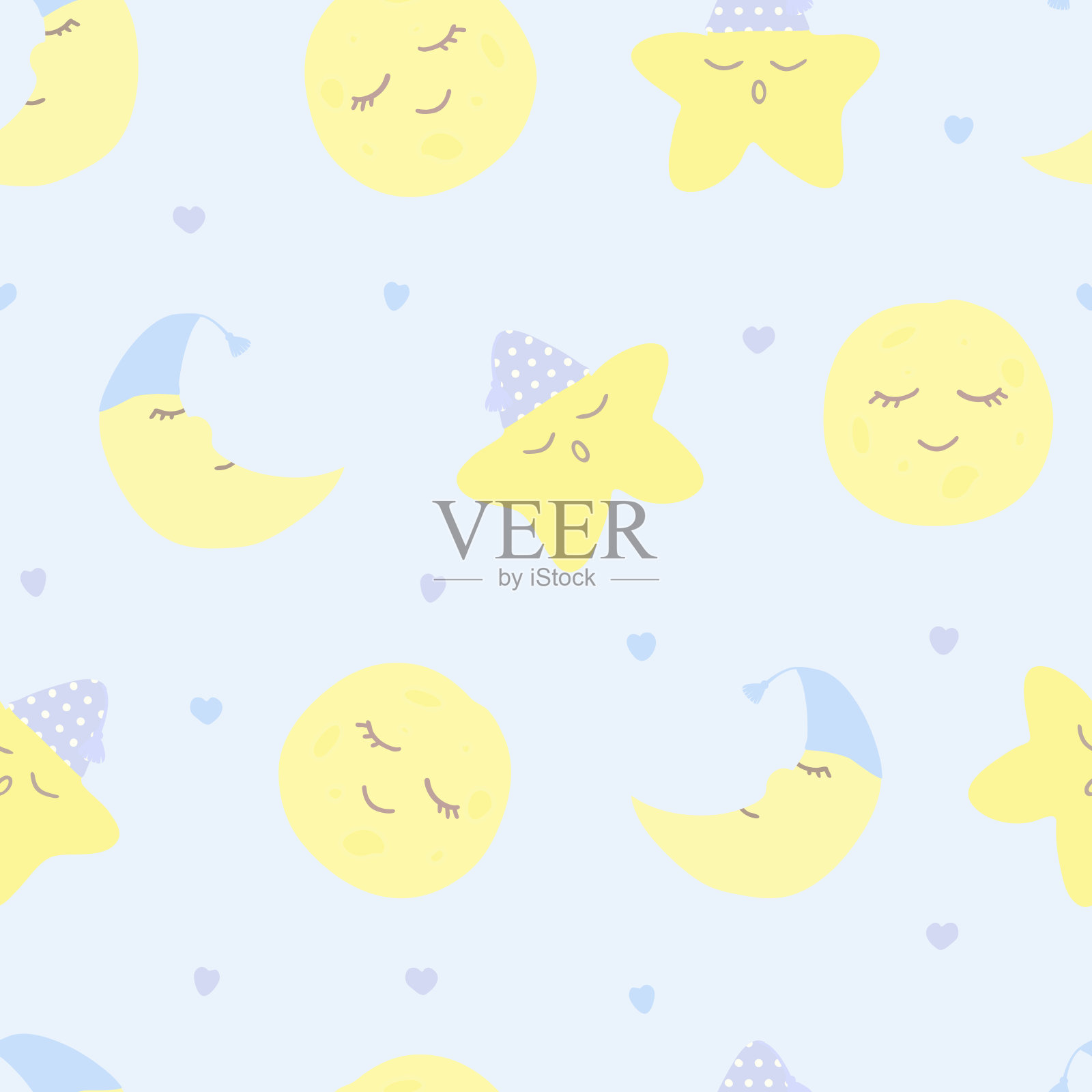 矢量无缝模式与月亮(新月)，星星和心在蓝色。插画图片素材
