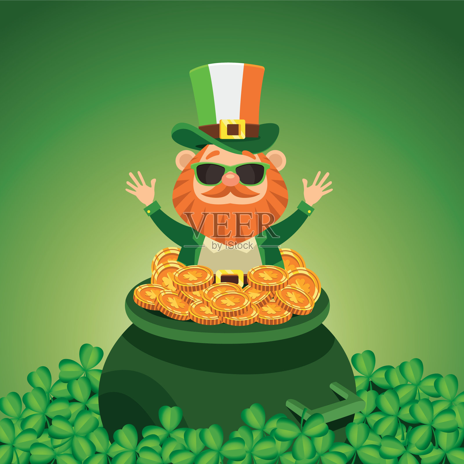 圣帕特里克节快乐海报，里面有小精灵插画图片素材