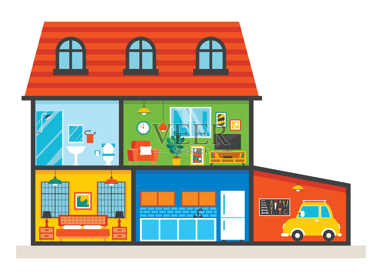 房间配有扁平家具设计元素图片