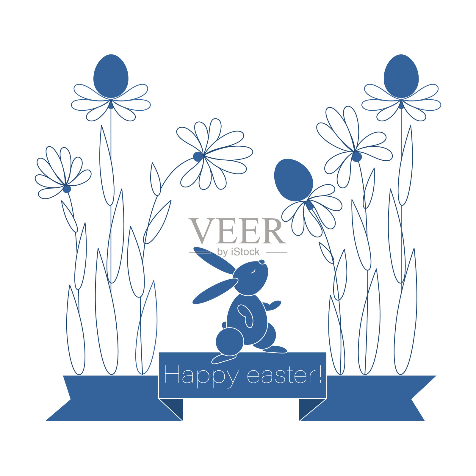 可爱的兔子复活节快乐花伴插画图片素材