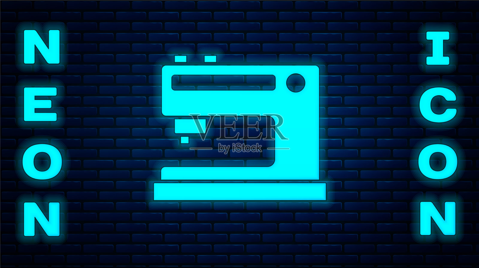 发光的霓虹灯缝纫机图标孤立在砖块上插画图片素材