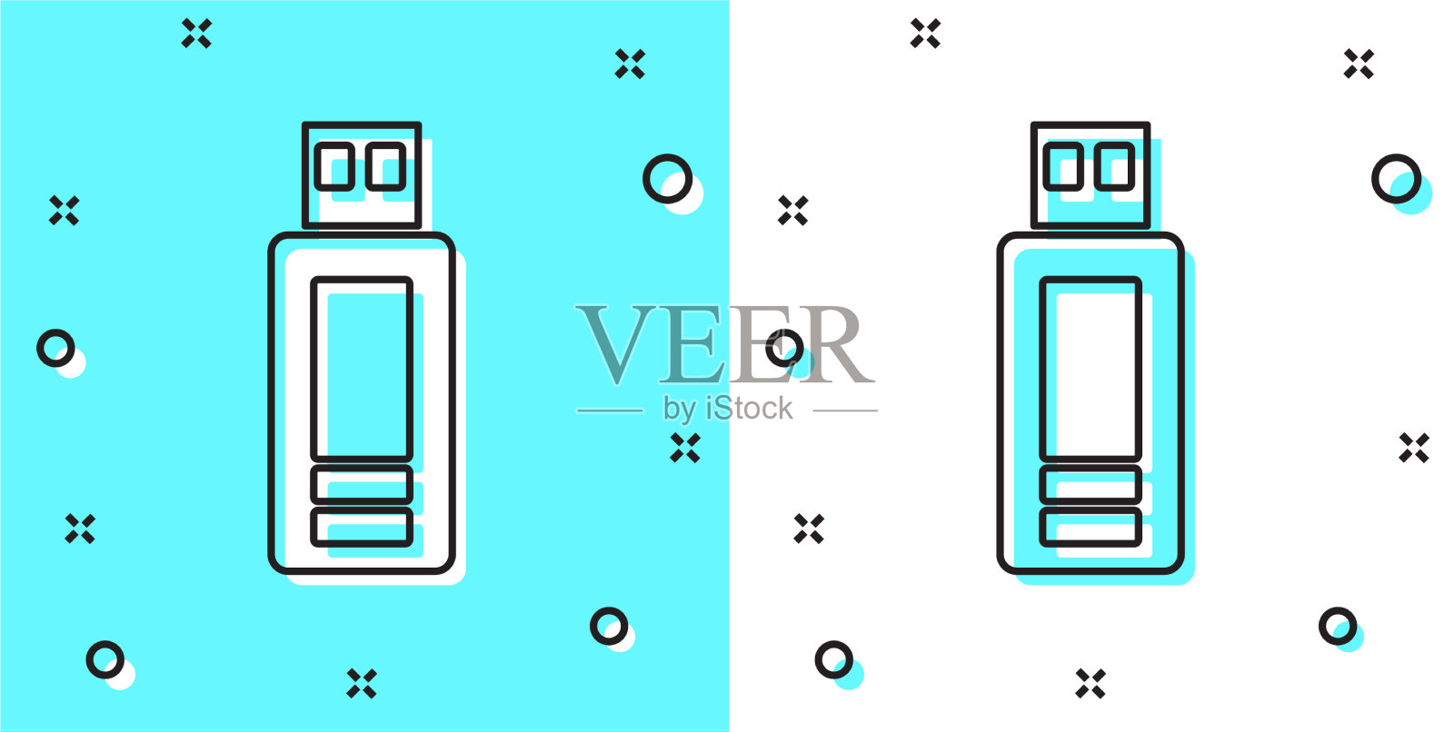 黑线usb闪存驱动器图标隔离在绿色插画图片素材