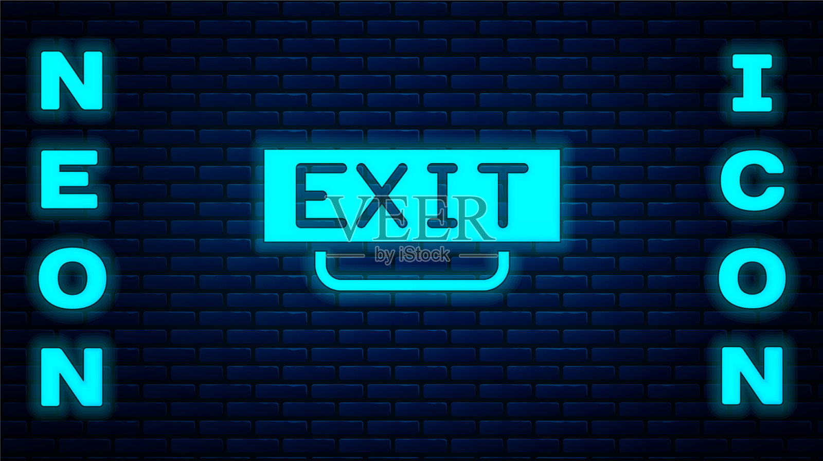 发光的霓虹灯消防出口图标隔离在砖墙上插画图片素材