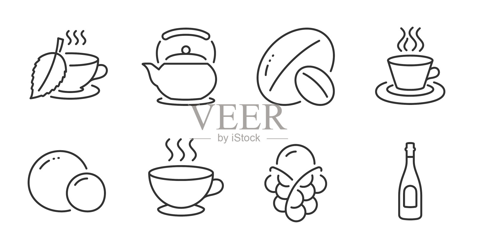 茶壶冰淇淋和咖啡杯图标集图标素材