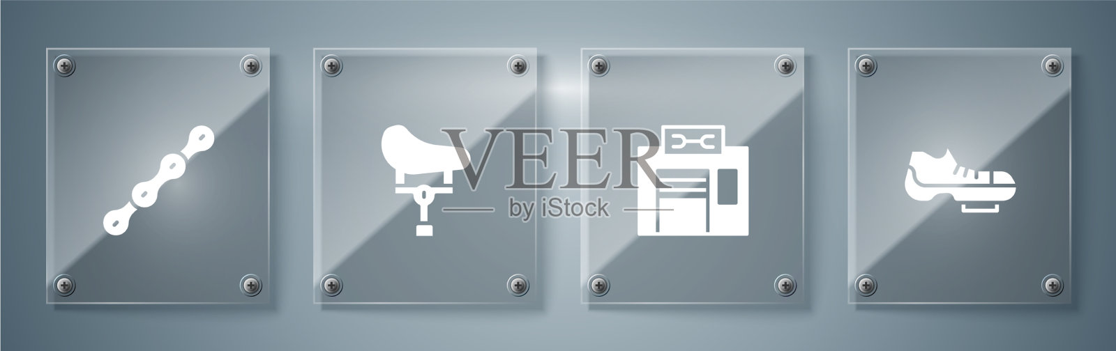 设置自行车鞋修理服务座和链条图标素材