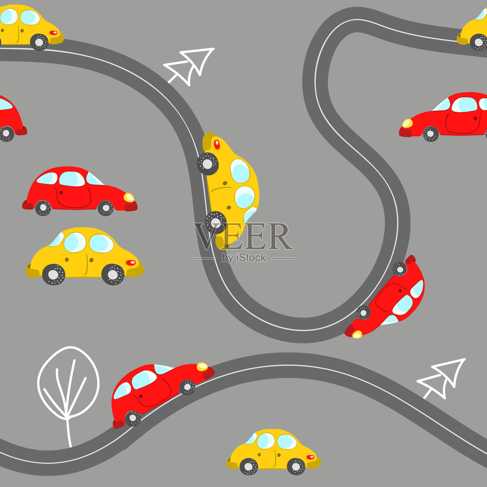 无缝图案与可爱的汽车在蓝色的背景插画图片素材