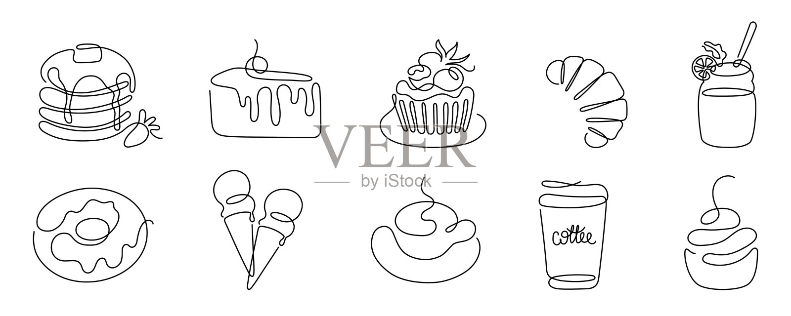 一套连续的单线艺术咖啡厅元素。线性风格和手绘标志。咖啡馆和面包店的概念。插画图片素材