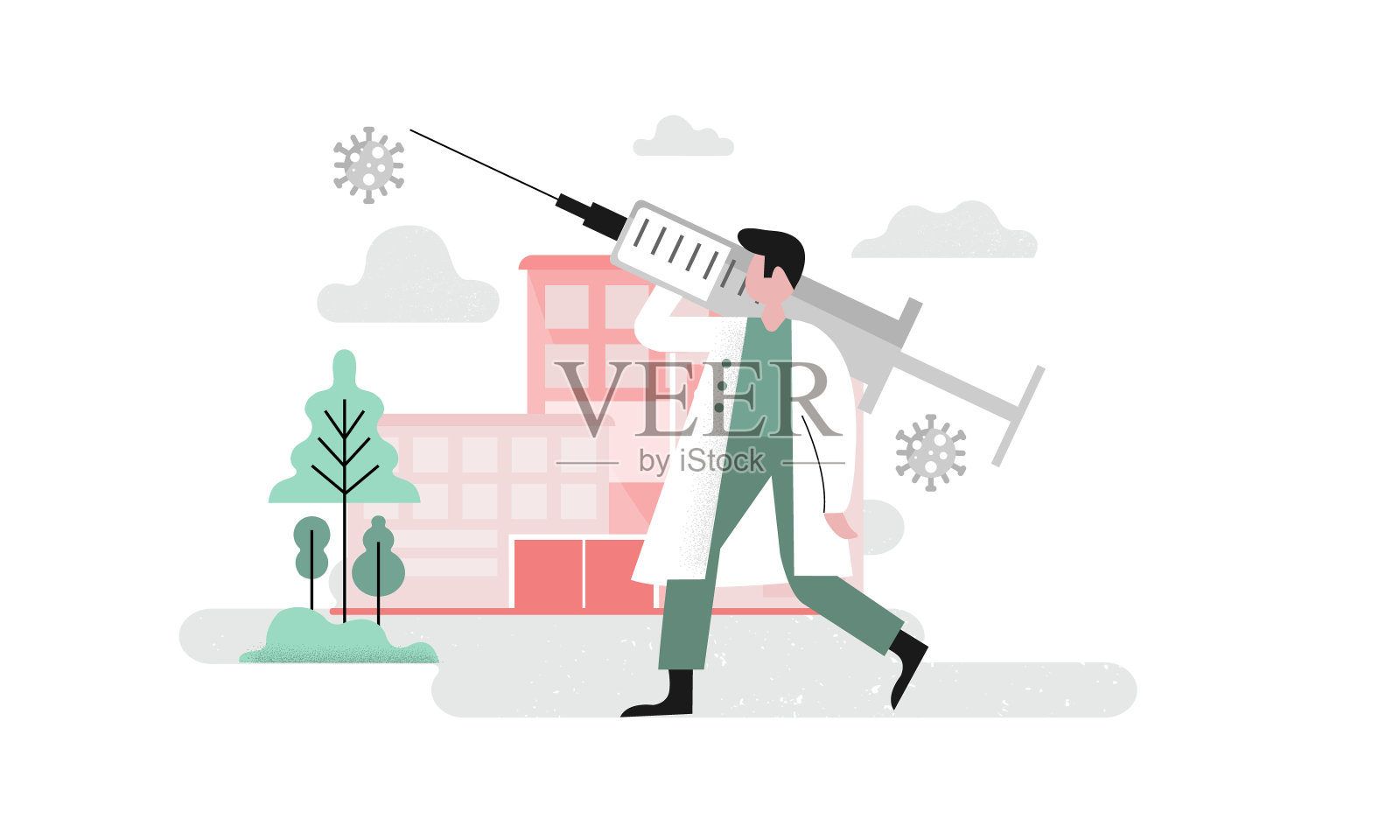 医生在医院前面用一个大注射器。插画图片素材