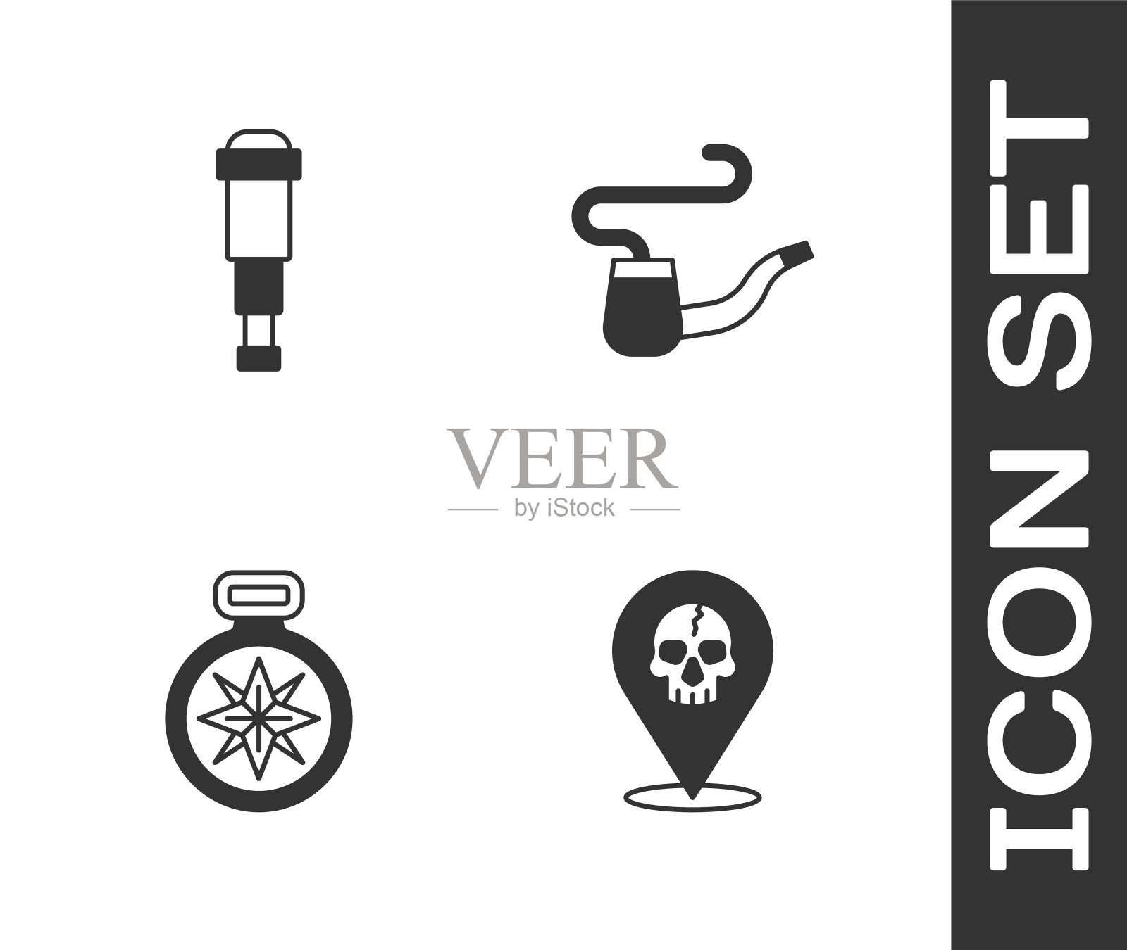 设置位置海盗，望远镜望远镜镜头，指南针和吸烟管图标。向量图标素材