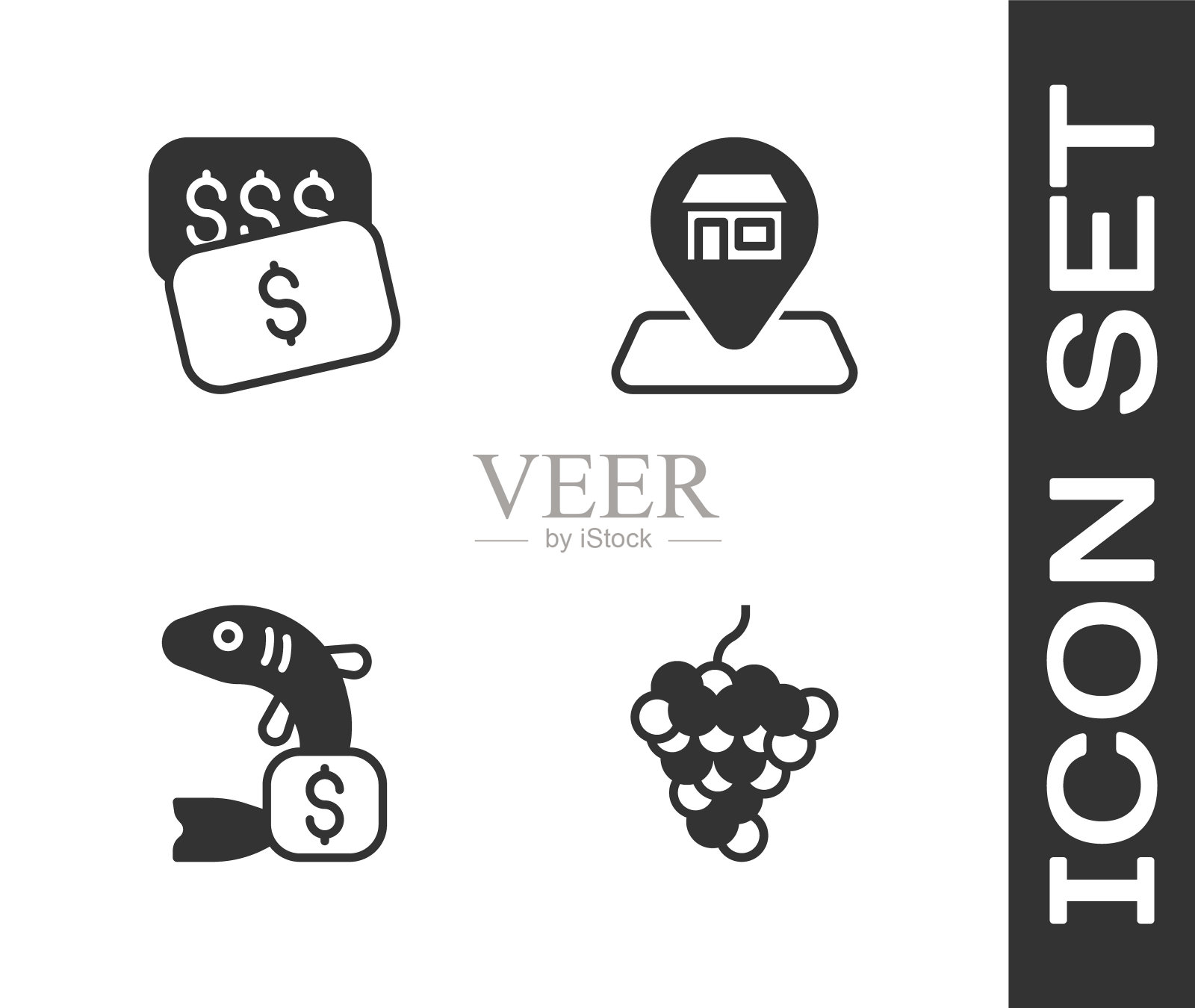 设置葡萄水果，新的价格标签美元，价格为鱼和位置市场商店图标。向量图标素材