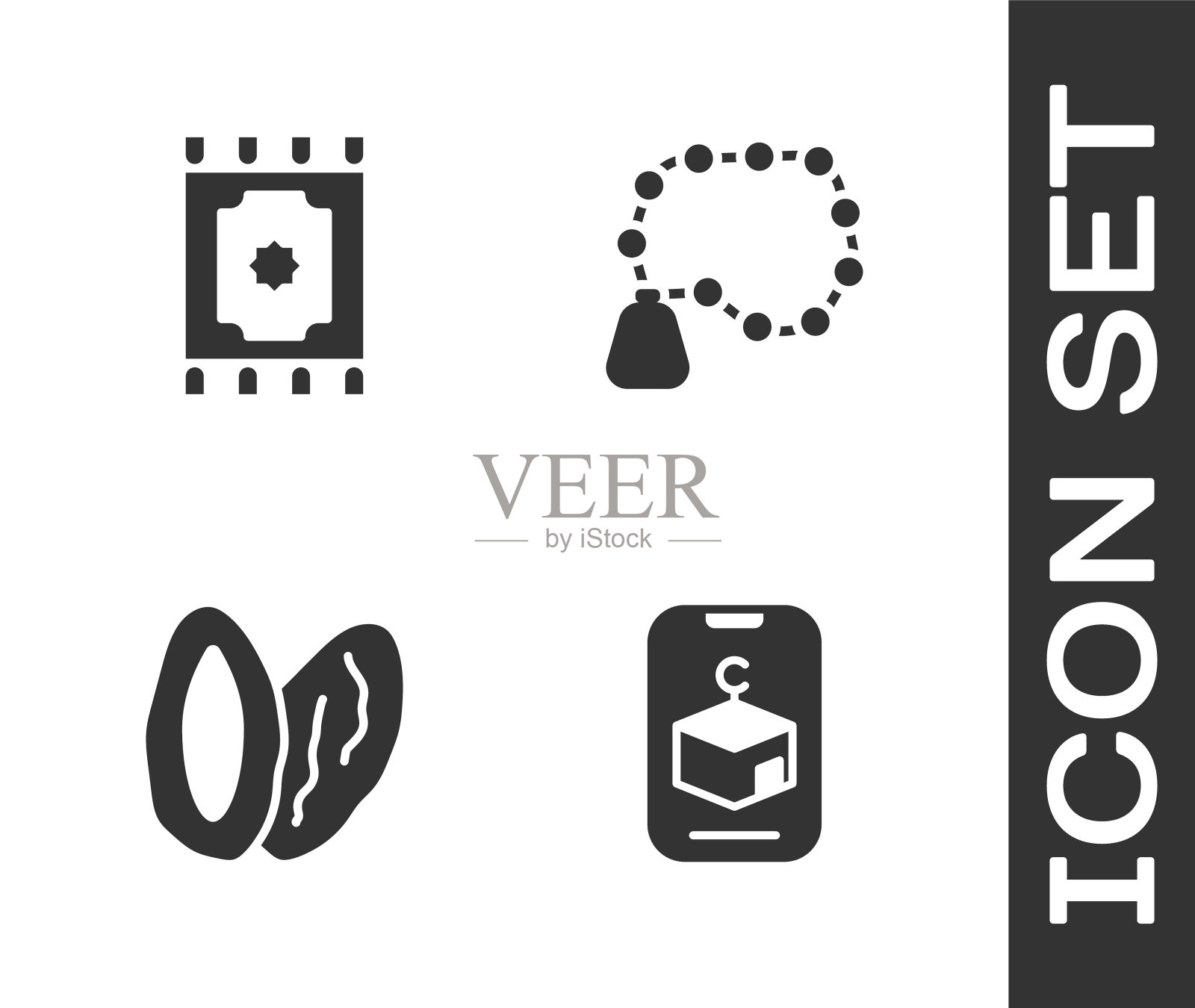 镶嵌星星和月牙，传统地毯，红枣和念珠宗教偶像。向量图标素材