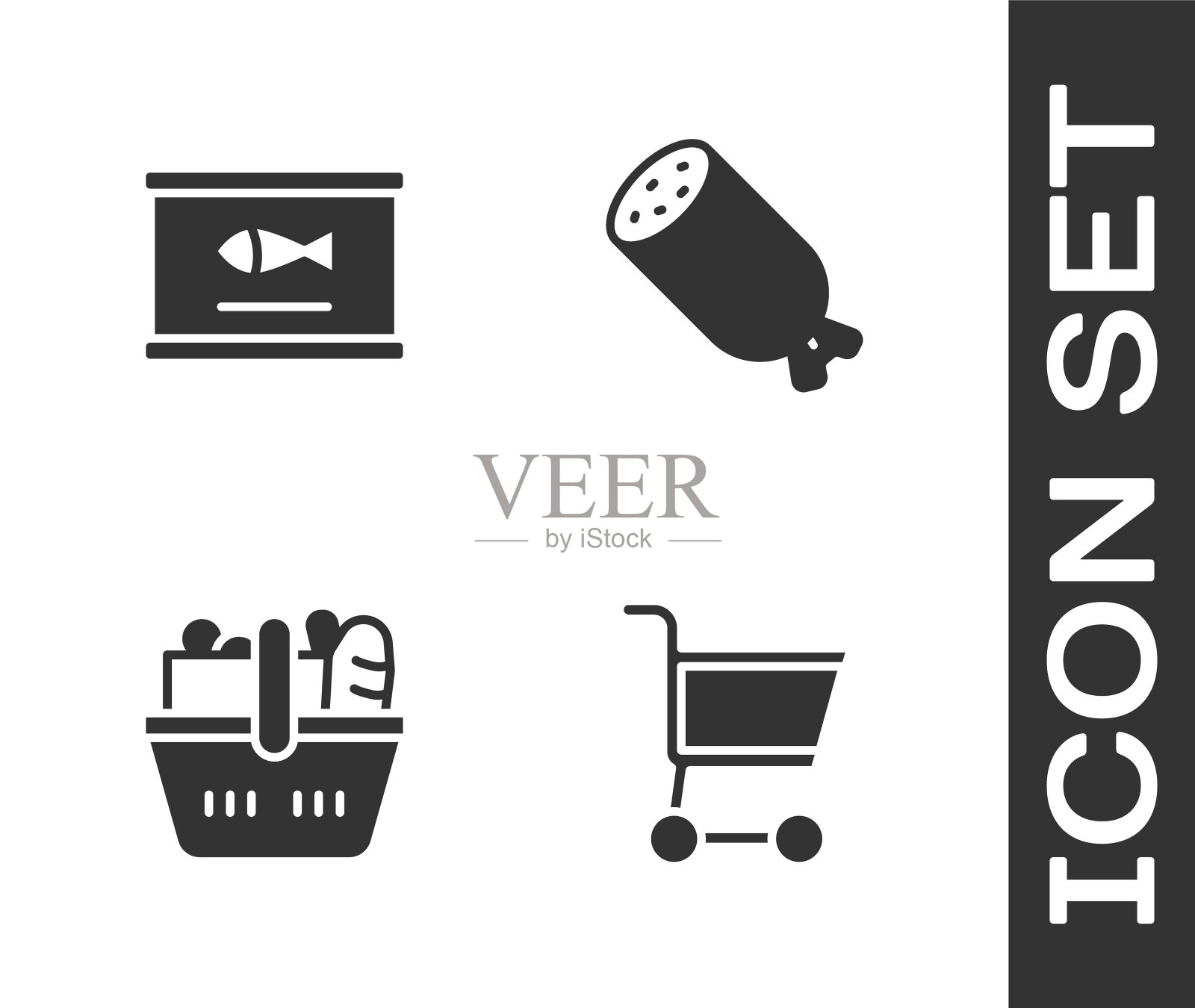 设置购物车，鱼罐头，篮子和食物和萨拉米香肠图标。向量图标素材