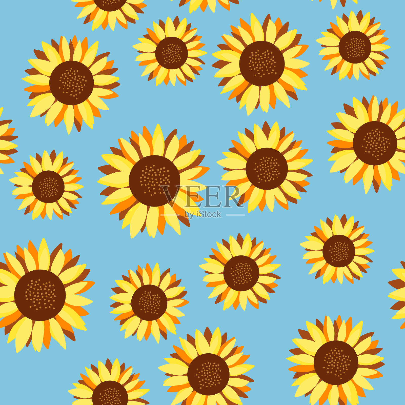 向日葵的模式。平面设计向日葵。蓝色背景上黄色花朵的插图。设计元素图片