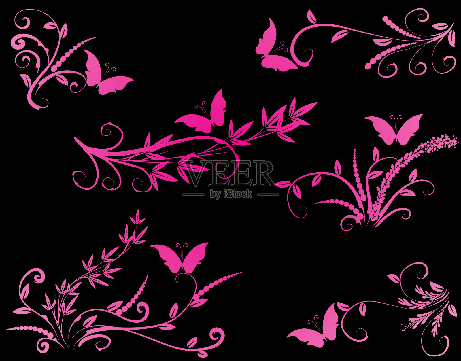 矢量画蝴蝶和竹植物设计设置背景插画图片素材