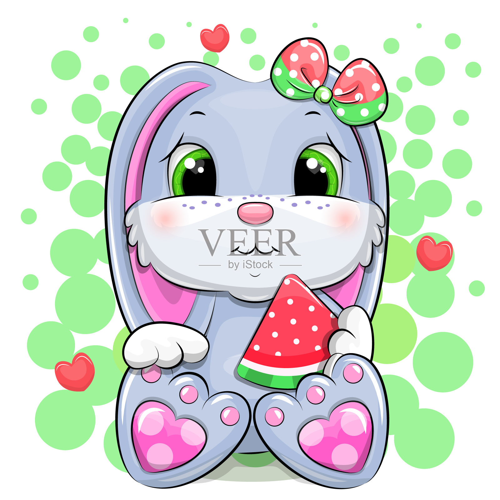 可爱的卡通兔子带着西瓜和彩色的蝴蝶结。插画图片素材