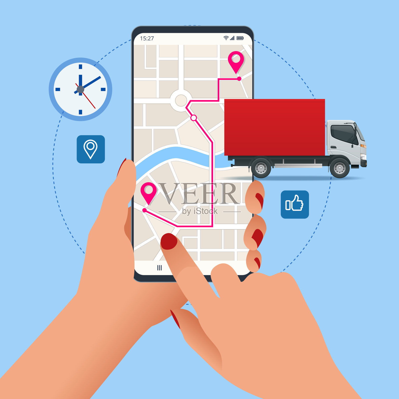 带纸箱的送货卡车，手机。通过现代技术提供送货服务。跟踪系统。手机应用程序。插画图片素材